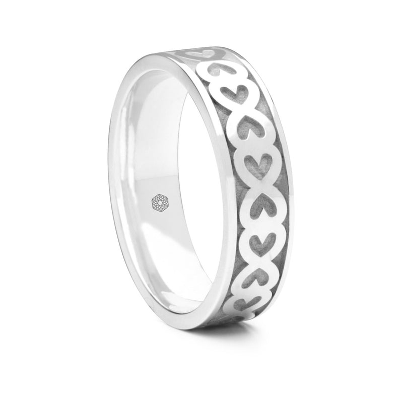 Mens 9ct White Gold Flat Court Wedding Ring With Hearts Pattern