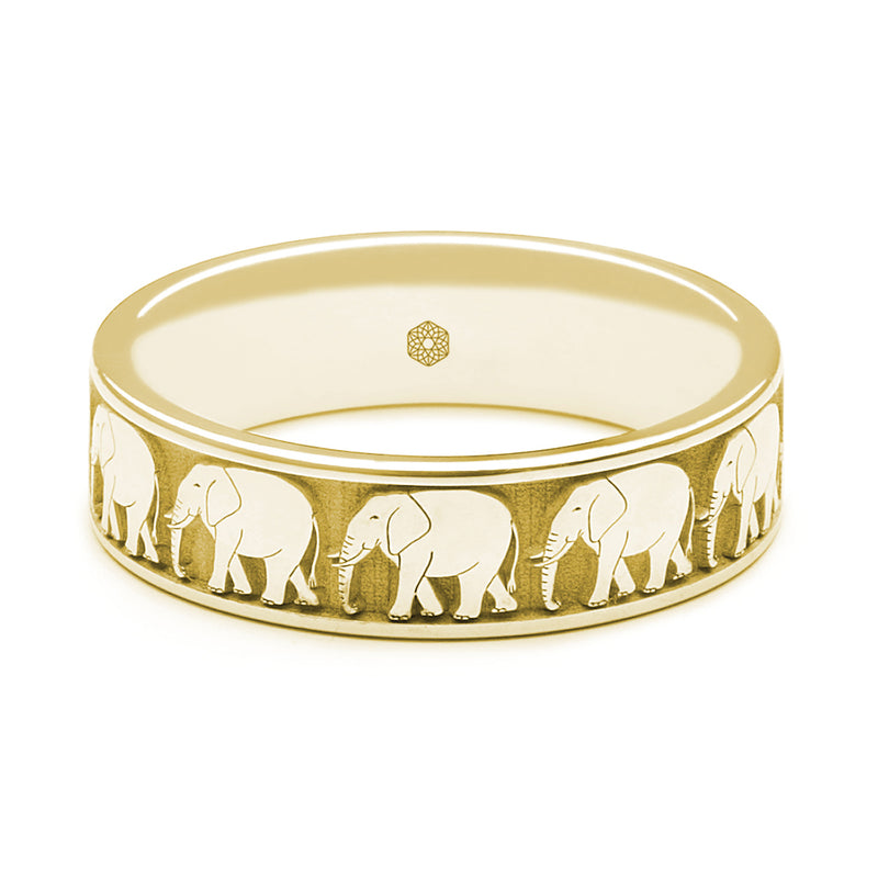 Horizontal Shot of Mens 9ct Yellow Gold Flat Court Wedding Ring With Elephant Pattern