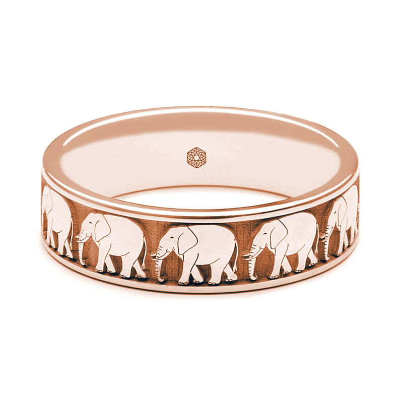 Horizontal Shot of Mens 18ct Rose Gold Flat Court Wedding Ring With Elephant Pattern