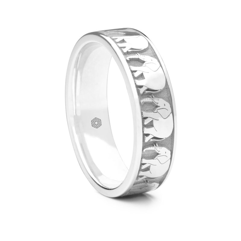 Mens 18ct White Gold Flat Court Wedding Ring With Elephant Pattern
