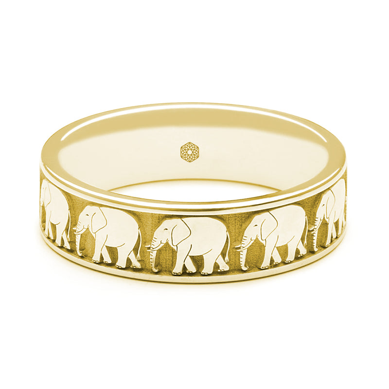 Horizontal Shot of Mens 18ct Yellow Gold Flat Court Ring With Elephant Pattern