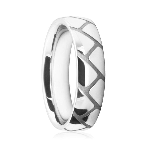 Mens 18ct White Gold Court Shape Wedding Ring With Wide Carved Lines