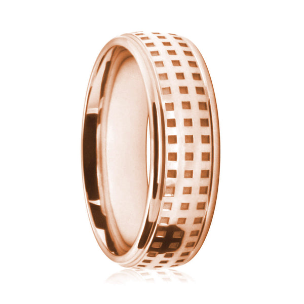Mens 9ct Rose Gold Court Shape Wedding Ring Rattan Style Pattern