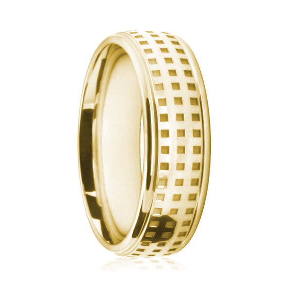 Mens 9ct Yellow Gold Court Shape Wedding Ring Rattan Style Pattern