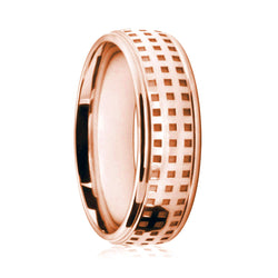 Mens 18ct Rose Gold Court Shape Wedding Ring Rattan Style Pattern