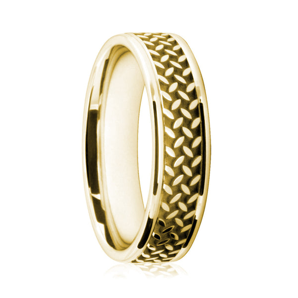 Mens 18ct Yellow Gold Flat Court Ring With Tread Pattern