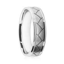 Mens 9ct White Gold Flat Court Wedding Ring With Brushed Finish and Geometric Pattern