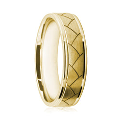 Mens 9ct Yellow Gold Flat Court Wedding Ring With Brushed Finish and Geometric Pattern