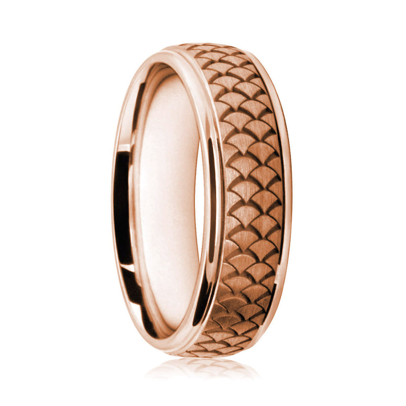 Mens 9ct Rose Gold Flat Court Wedding Ring With Snakeskin Pattern