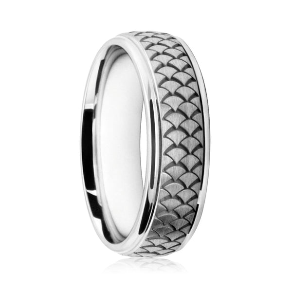 Mens 9ct White Gold Flat Court Wedding Ring With Snakeskin Pattern