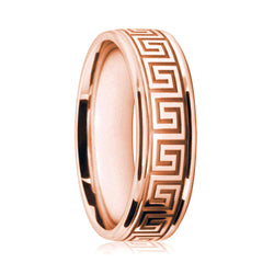 Mens 18ct Rose Gold Flat Court Wedding Ring With Greek Key Cut-Out Pattern