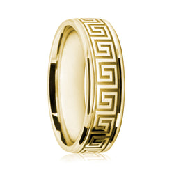 Mens 18ct Yellow Gold Flat Court Ring With Greek Key Cut-Out Pattern