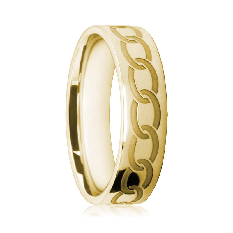 Mens 9ct Yellow Gold Flat court Wedding Ring With Engraved Chainlink Pattern