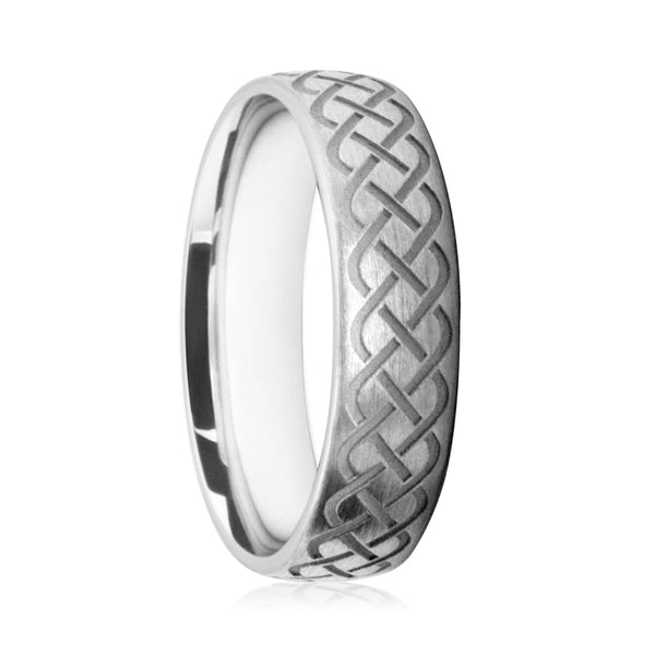 Mens 9ct White Gold Court Shape With Engraved Celtic Band Pattern