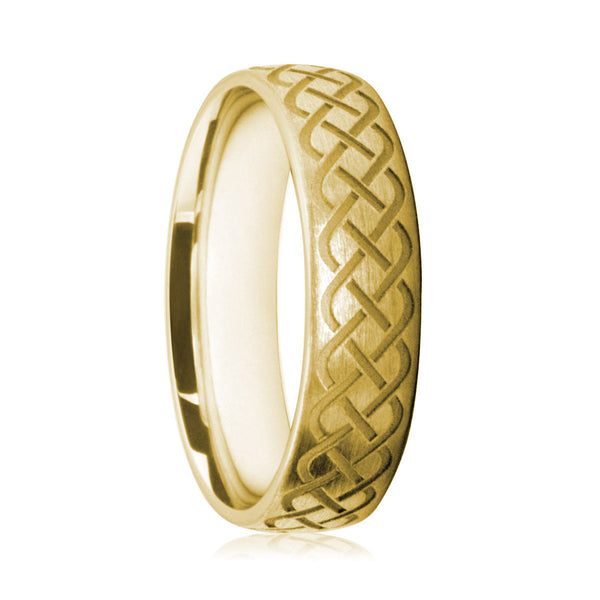 Mens 9ct Yellow Gold Court Shape With Engraved Celtic Band Pattern