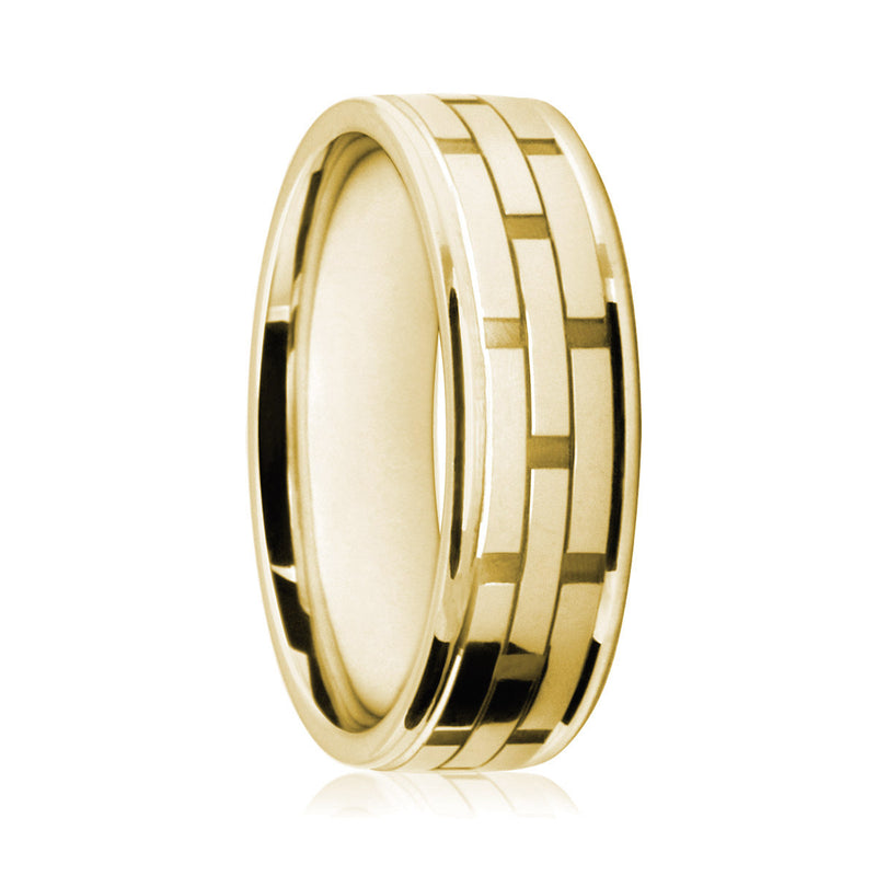 Mens 9ct Yellow Gold Flat Shape Wedding Ring With Polished Brickwork Pattern