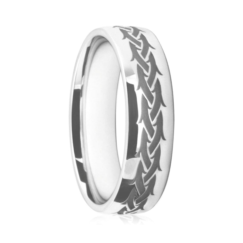 Mens Platinum 950 Flat Court Wedding Ring With Tribal Pattern