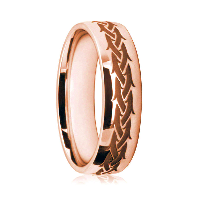 Mens 18ct Rose Gold Flat Court Wedding Ring With Tribal Pattern