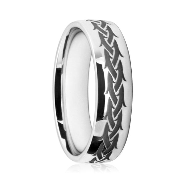 Mens 18ct White Gold Flat Court Wedding Ring With Tribal Pattern