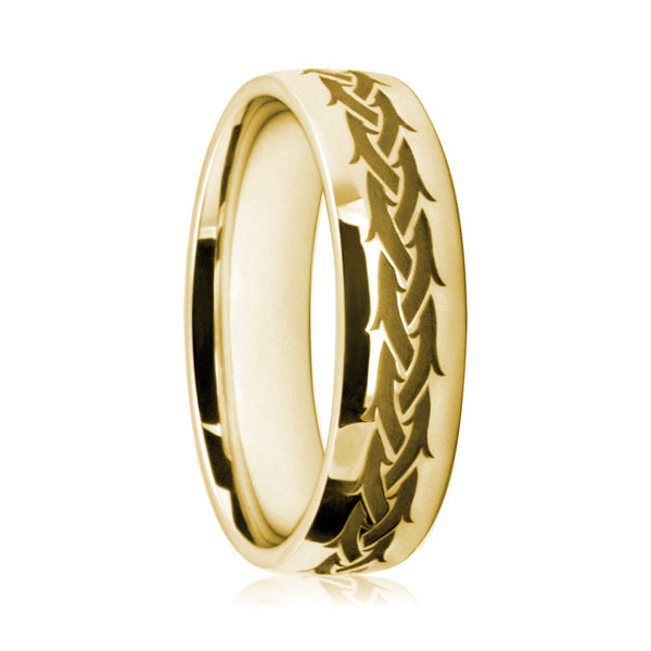 Mens 18ct Yellow Gold Flat Court Ring With Tribal Pattern
