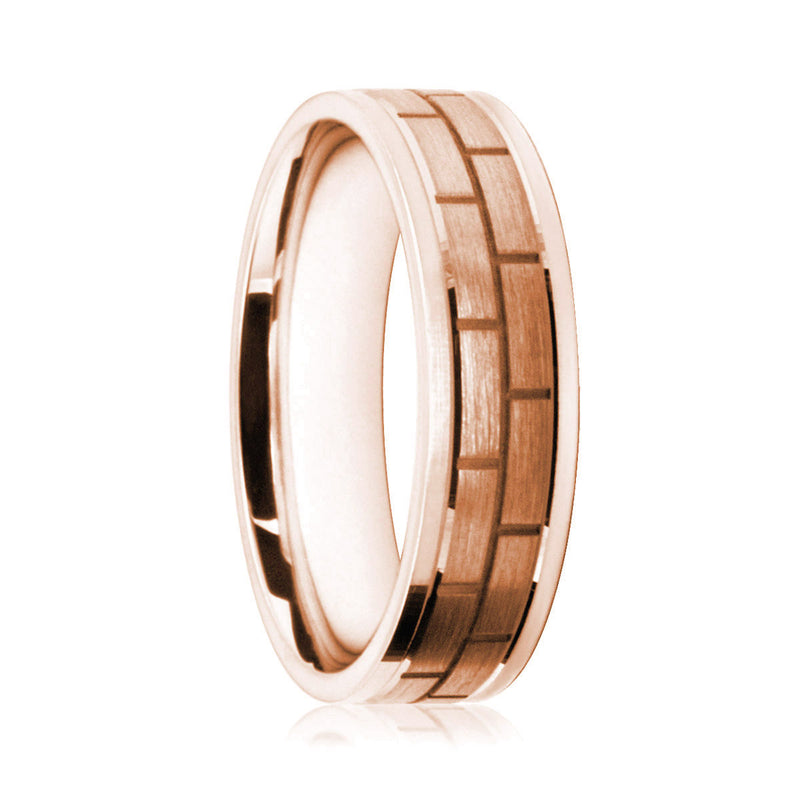Mens 9ct Rose Gold Flat Court Wedding Ring With a Satin Finish Brickwork Pattern