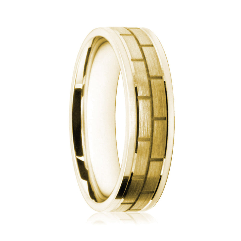 Mens 9ct Yellow Gold Flat Court Wedding Ring With a Satin Finish Brickwork Pattern