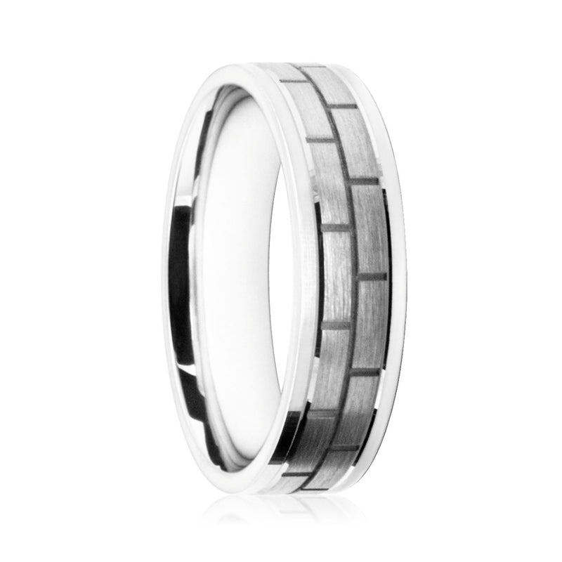 Mens 18ct White Gold Flat Court Wedding Ring With a Satin Finish Brickwork Pattern