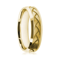 Mens 9ct Yellow Gold Flat Court Wedding Ring With Knife-Cut Design