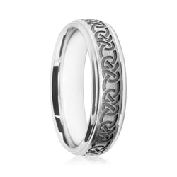 Mens 9ct White Gold Flat Court Wedding Ring With Satin Finish and Celtic Knot Pattern