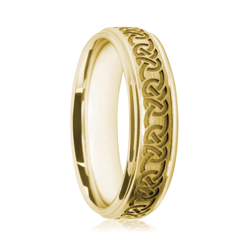 Mens 9ct Yellow Gold Flat Court Wedding Ring With Satin Finish and Celtic Knot Pattern