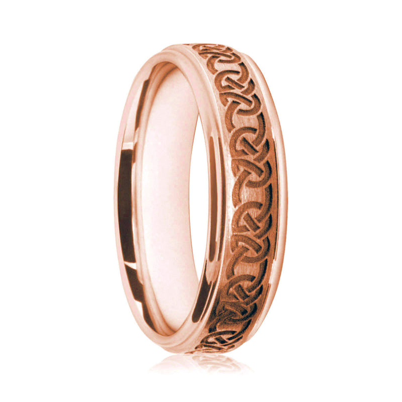 Mens 18ct Rose Gold Flat Court Wedding Ring With Satin Finish and Celtic Knot Pattern