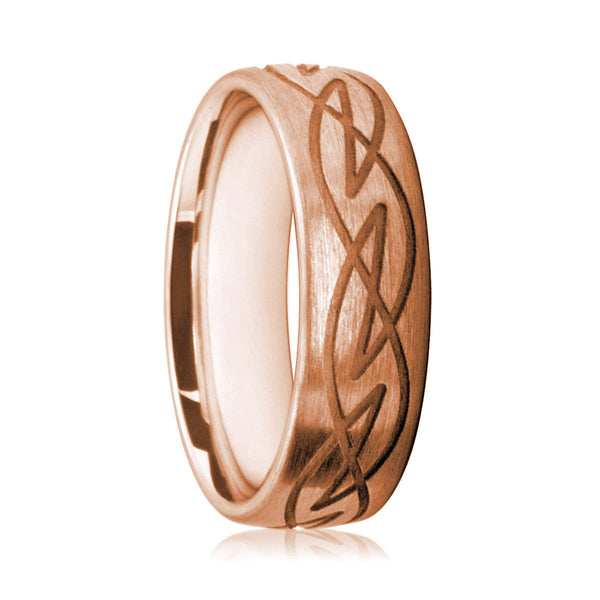 Mens 9ct Rose Gold Court Shape Wedding Ring With Matte Finish and Scroll Pattern