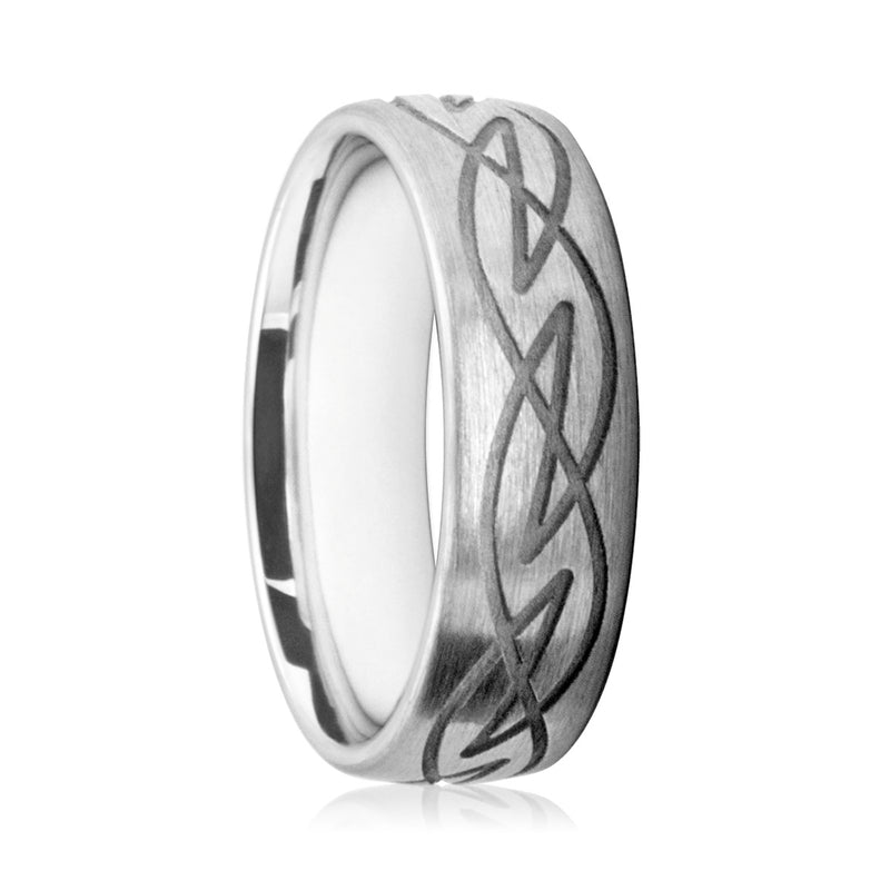 Mens 9ct White Gold Court Shape Wedding Ring With Matte Finish and Scroll Pattern
