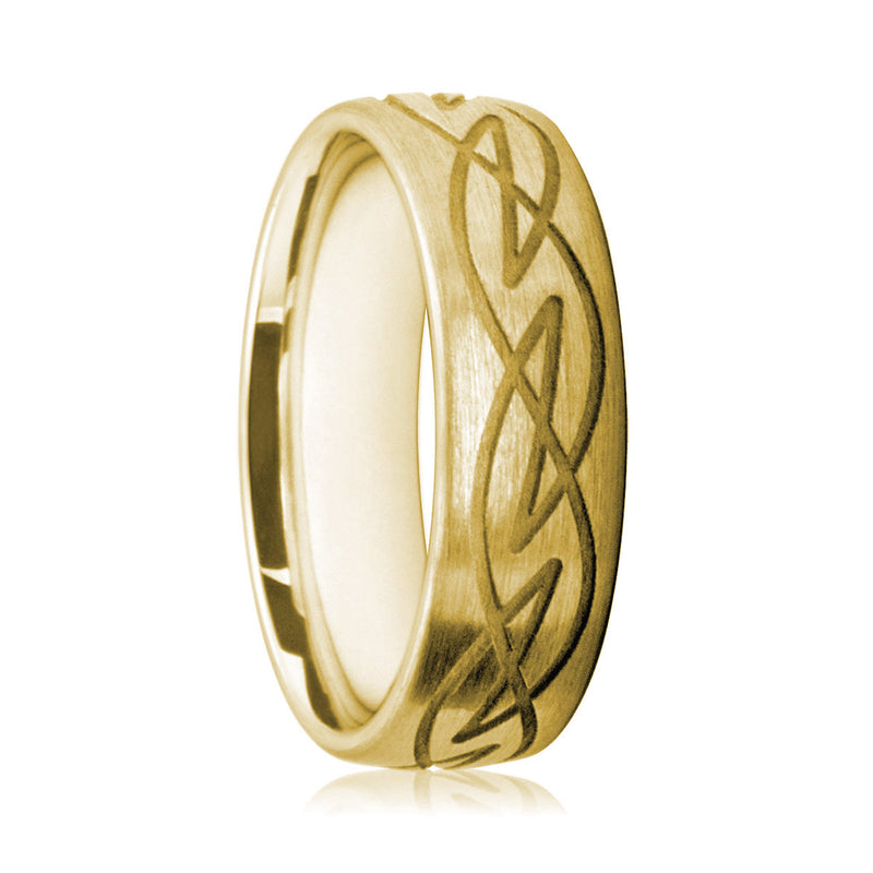 Mens 9ct Yellow Gold Court Shape Wedding Ring With Matte Finish and Scroll Pattern