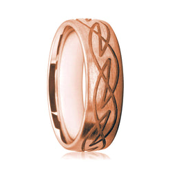 Mens 18ct Rose Gold Court Shape Wedding Ring With Matte Finish and Scroll Pattern.