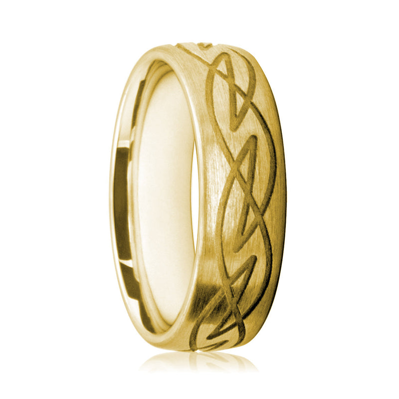 Mens 18ct Yellow Gold Court Shape Ring With Matte Finish and Scroll Pattern
