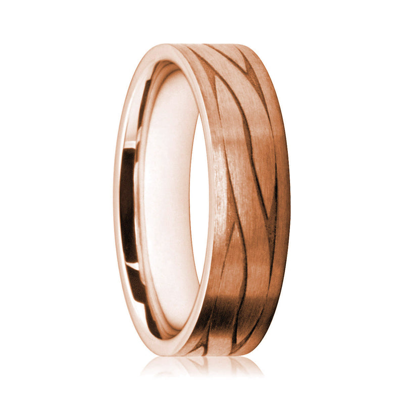 Mens 9ct Rose Gold Flat Court Wedding Ring With Satin Finish and Twist Pattern