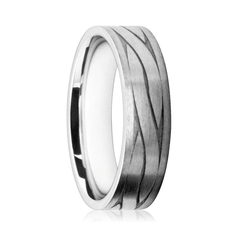 Mens 9ct White Gold Flat Court Wedding Ring With Satin Finish and Twist Pattern