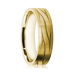 Mens 9ct Yellow Gold Flat Court Wedding Ring With Satin Finish and Twist Pattern
