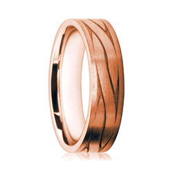Mens 18ct Rose Gold Flat Court Wedding Ring With Satin Finish and Twist Pattern