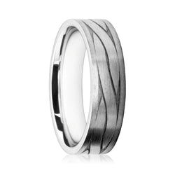 Mens 18ct White Gold Flat Court Wedding Ring With Satin Finish and Twist Pattern