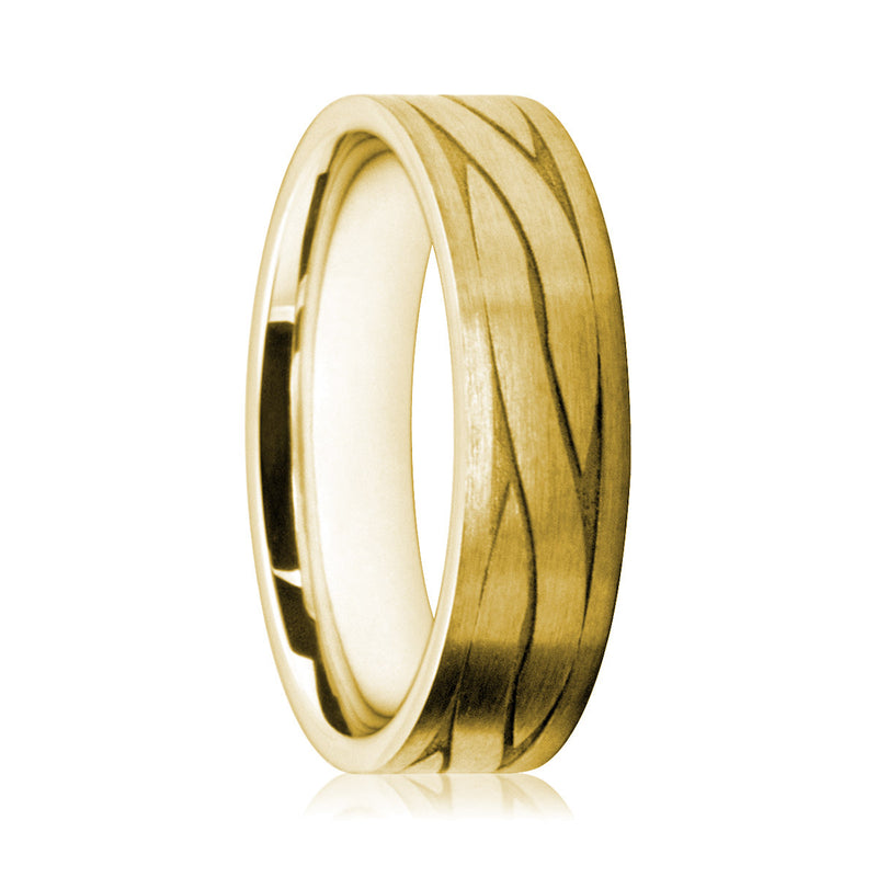 Mens 18ct Yellow Gold Flat Court Ring With Satin Finish and Twist Pattern