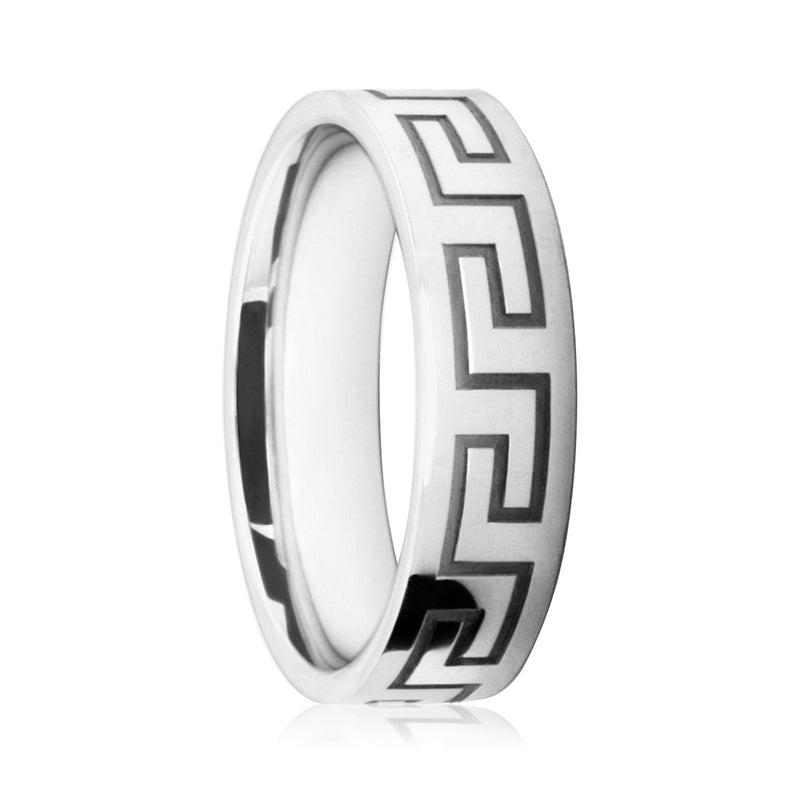 Mens 9ct White Gold Flat Court Wedding Ring With Polished Surface and Greek Key Pattern