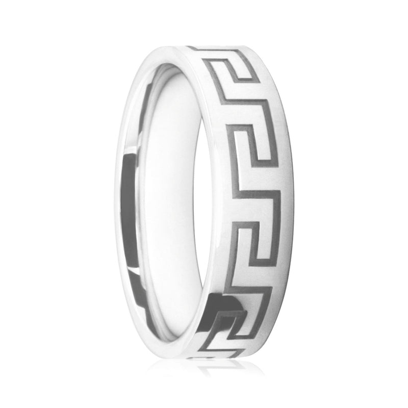 Mens Platinum 950 Flat Court Wedding Ring With Polished Surface and Greek Key Pattern.