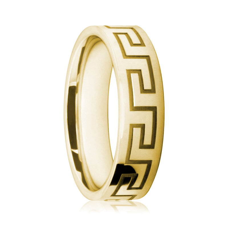 Mens 18ct Yellow Gold Flat Court Ring With Polished Surface and Greek Key Pattern.