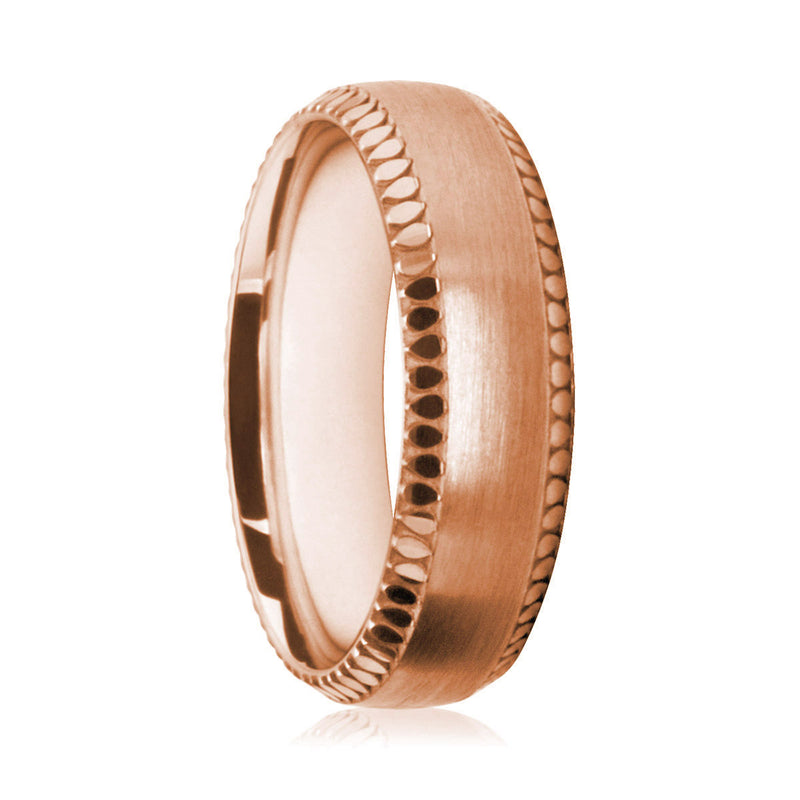 Mens 9ct Rose Gold Court Shape Wedding Ring With Polished Circular Patterened Edges