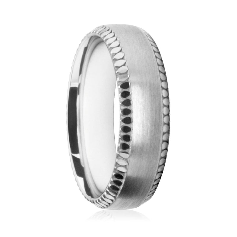 Mens 9ct White Gold Court Shape Wedding Ring With Polished Circular Patterened Edges