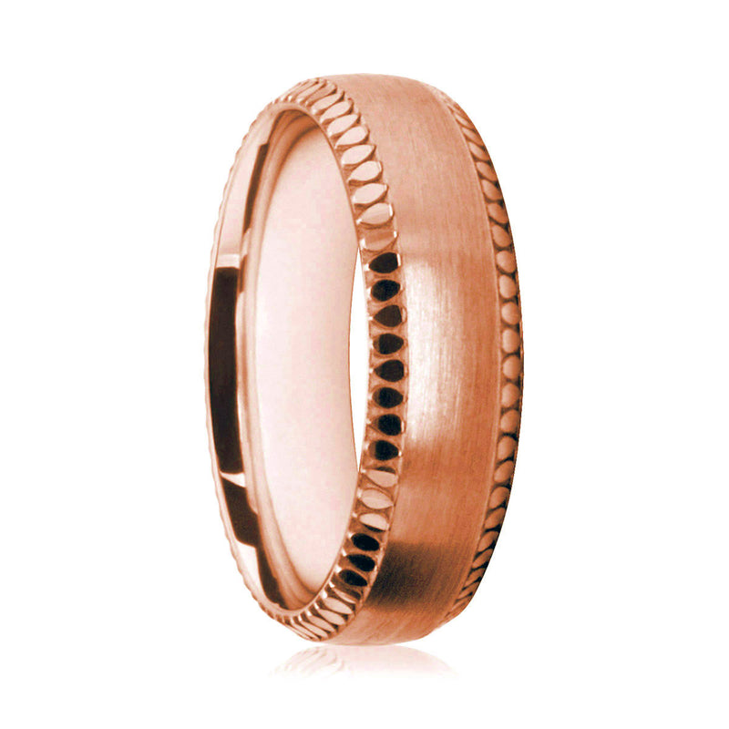 Mens 18ct Rose Gold Court Shape Wedding Ring With Polished Circular Patterened Edges