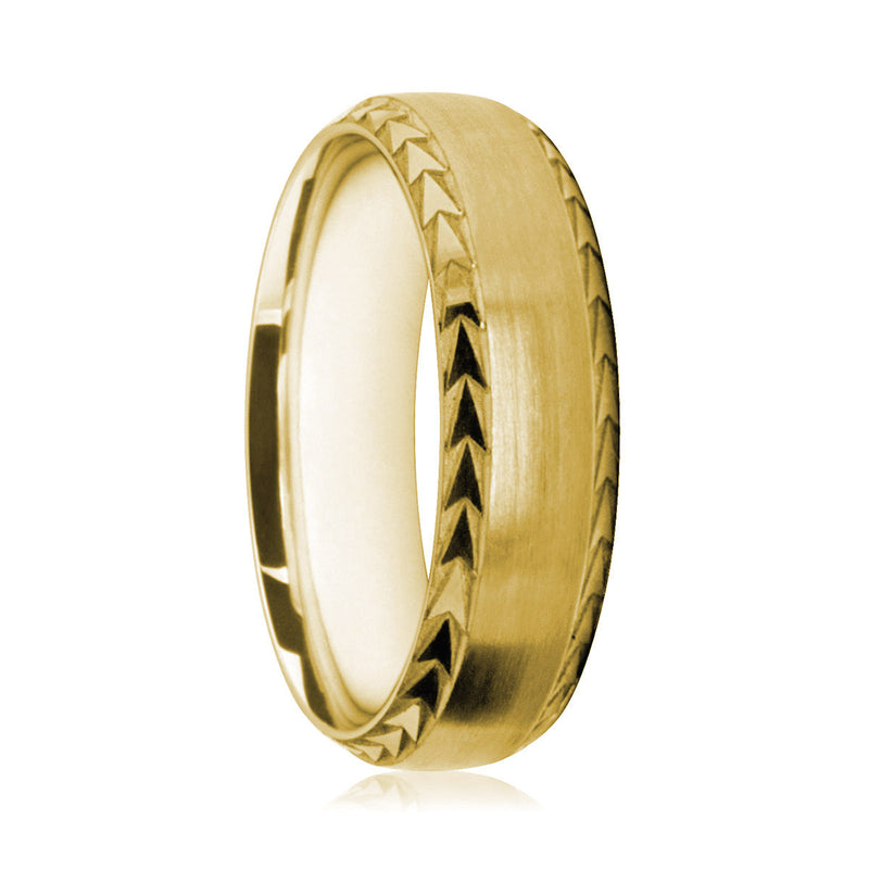 Mens 9ct Yellow Gold Court Shape Wedding Ring With Polished Chevron Patterned Edges