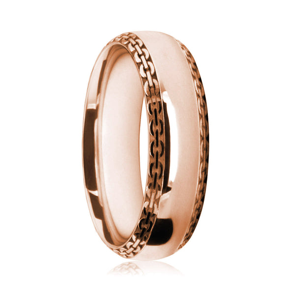 Mens 9ct Rose Gold Court Shape Wedding Ring With Chain Patterned Edges